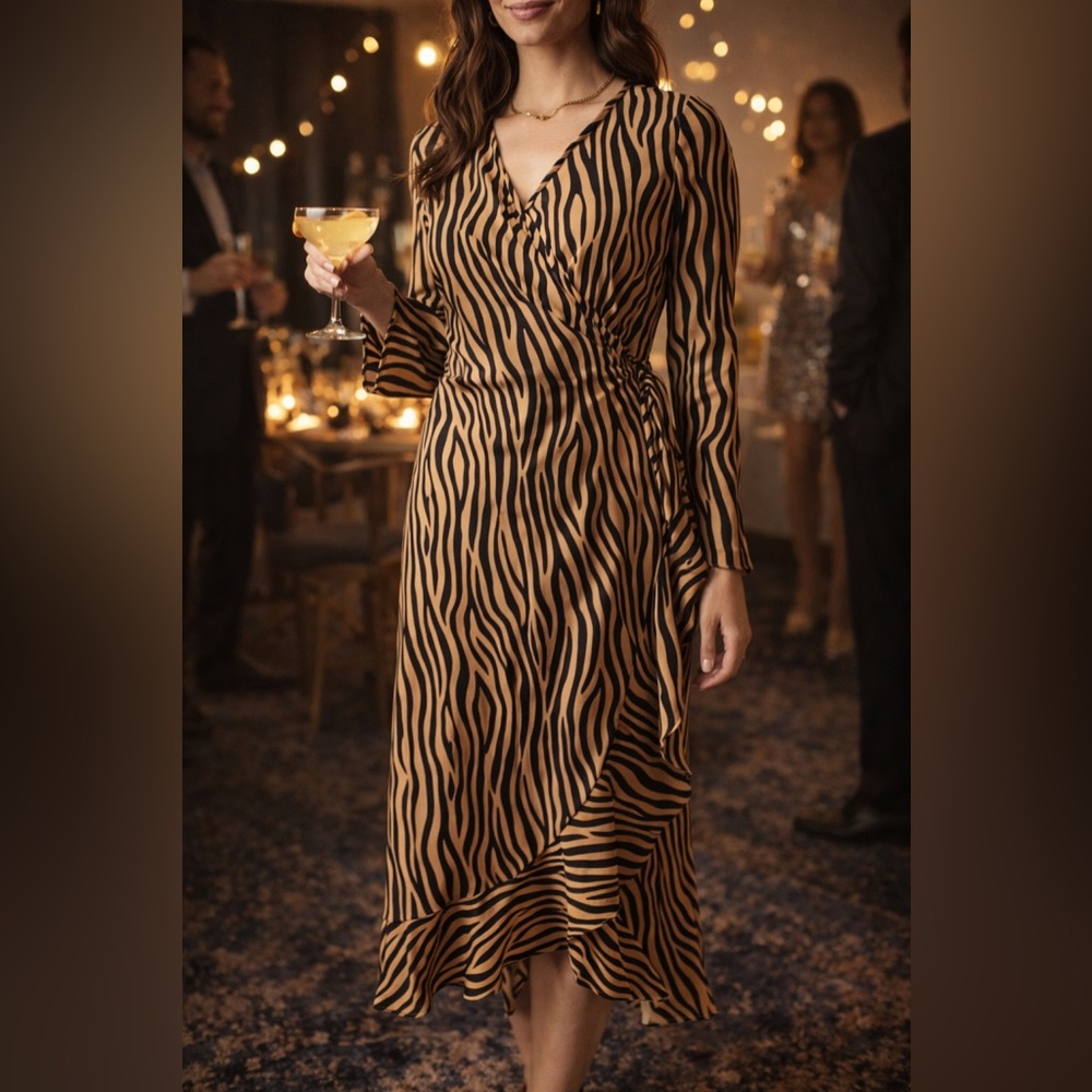 Animal Print Wrap Dress Zebra Brown Black Midi Long Sleeve Cocktail Size M